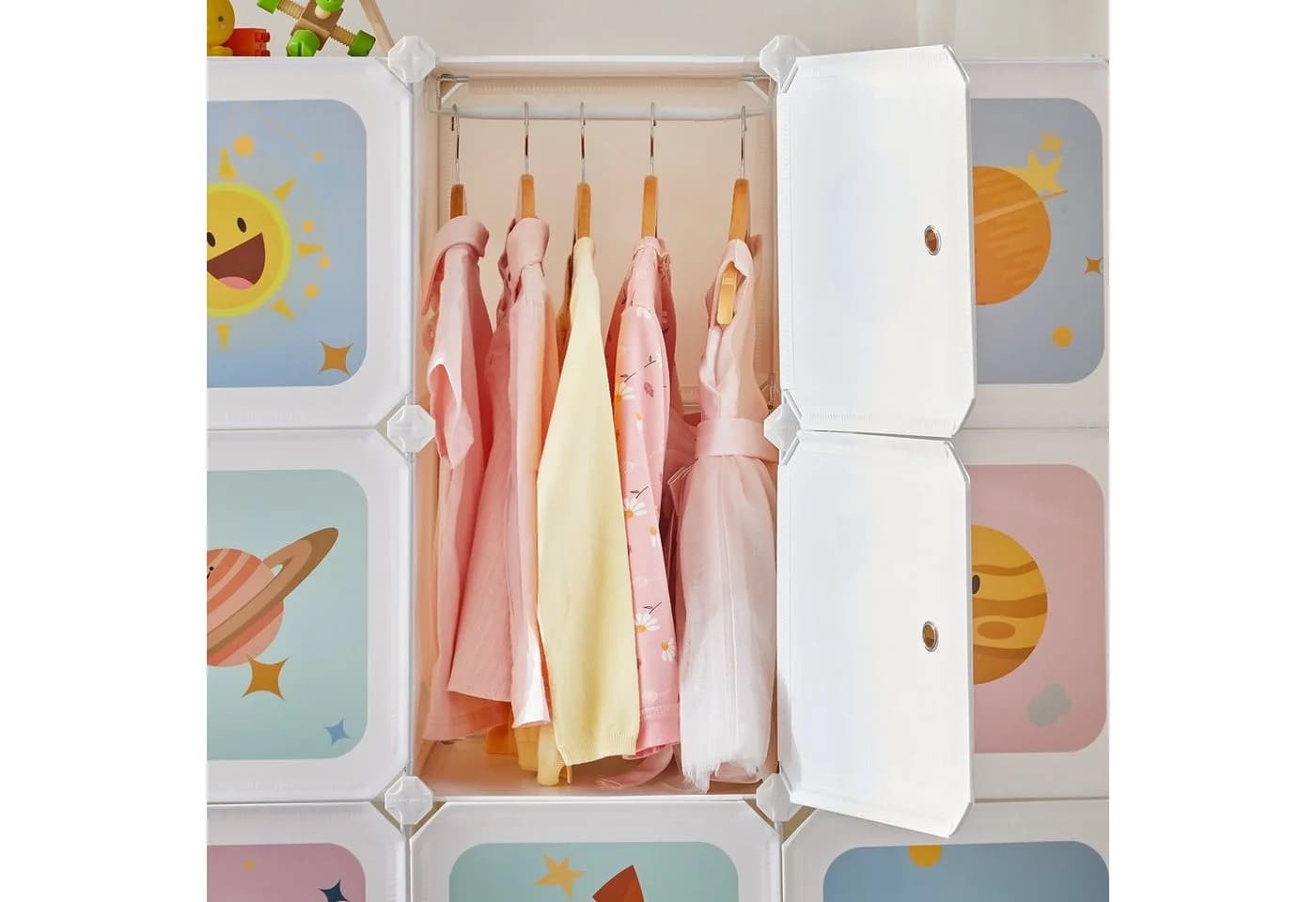 SONGMICS Kinderkleiderschrank Kinderregal 4 Kleiderstangen 16 Würfel Weiß - Bild 5