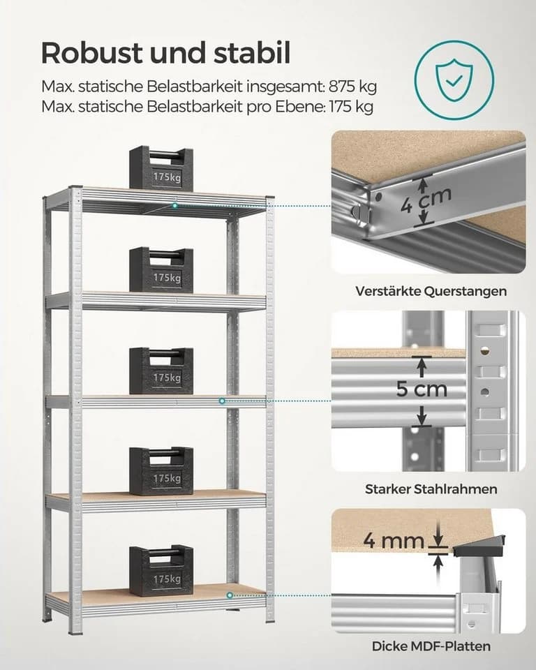 SONGMICS Schwerlastregal Lagerregale 2-tlg. 180 x 90 x 40 cm Silber - Bild 3