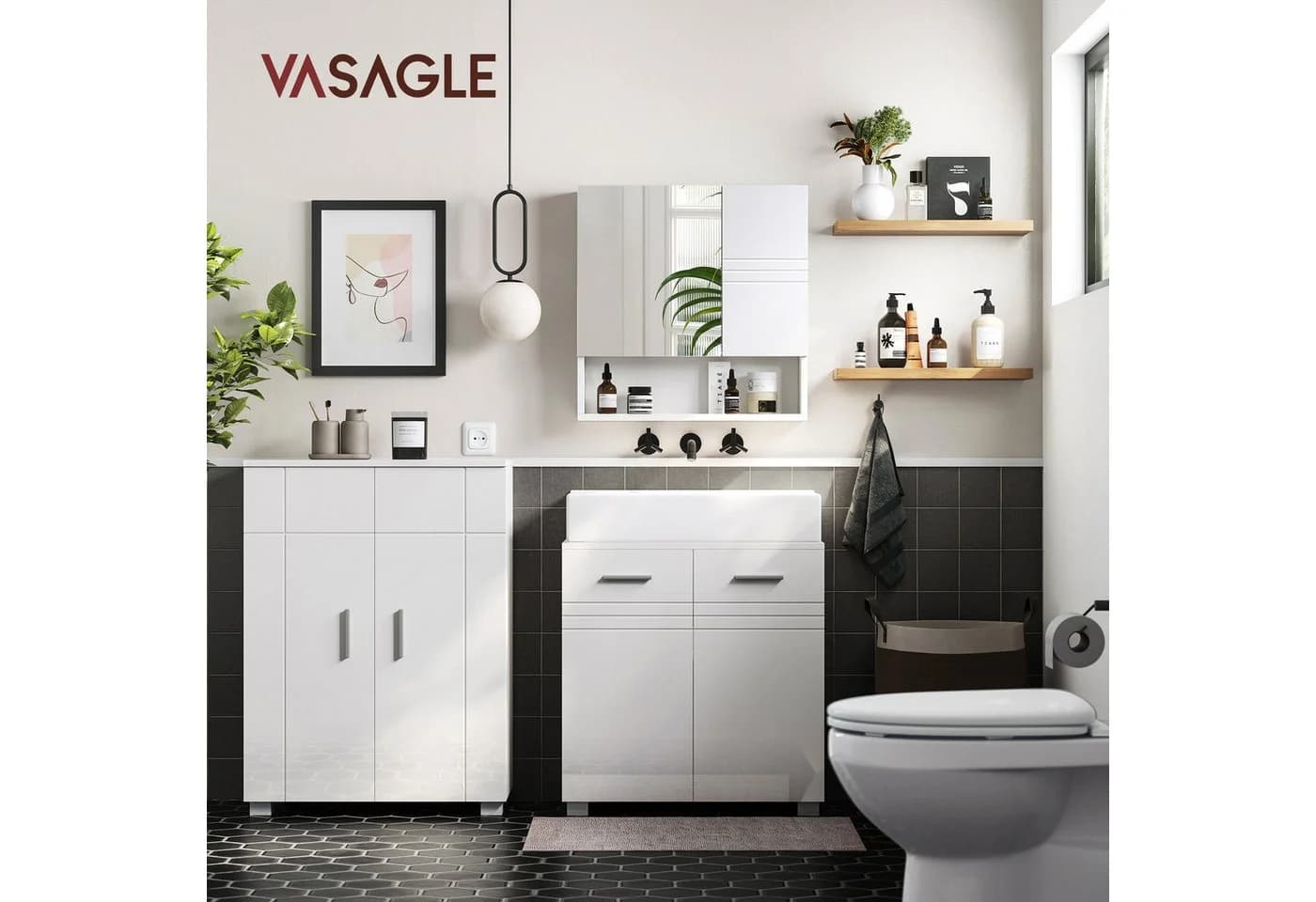 VASAGLE Badschrank mit Doppeltür und verstellbarer Ablage Weiß - Bild 3