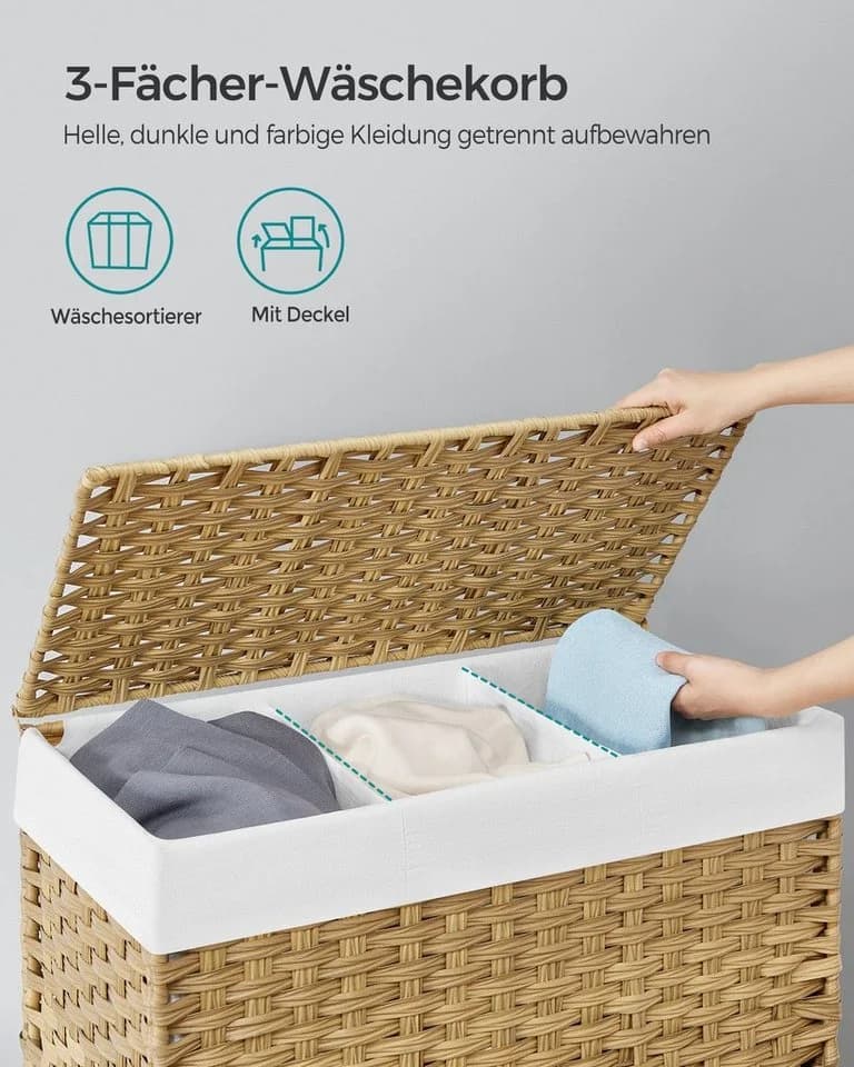 SONGMICS Wäschekorb 140 L 3 Fächer Grau - Bild 3