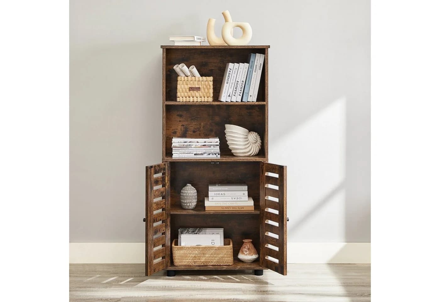 VASAGLE Highboard Bücherschrank Lamellentüren 2 offene Fächer Braun - Bild 3