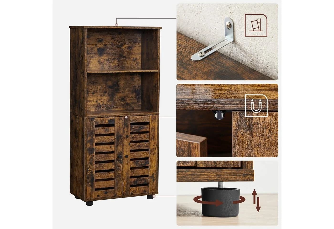 VASAGLE Highboard Bücherschrank Lamellentüren 2 offene Fächer Braun - Bild 5