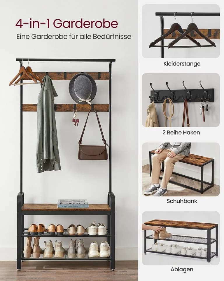 VASAGLE Garderobenständer mit Sitzfläche und 2 Gitterablagen - Bild 3
