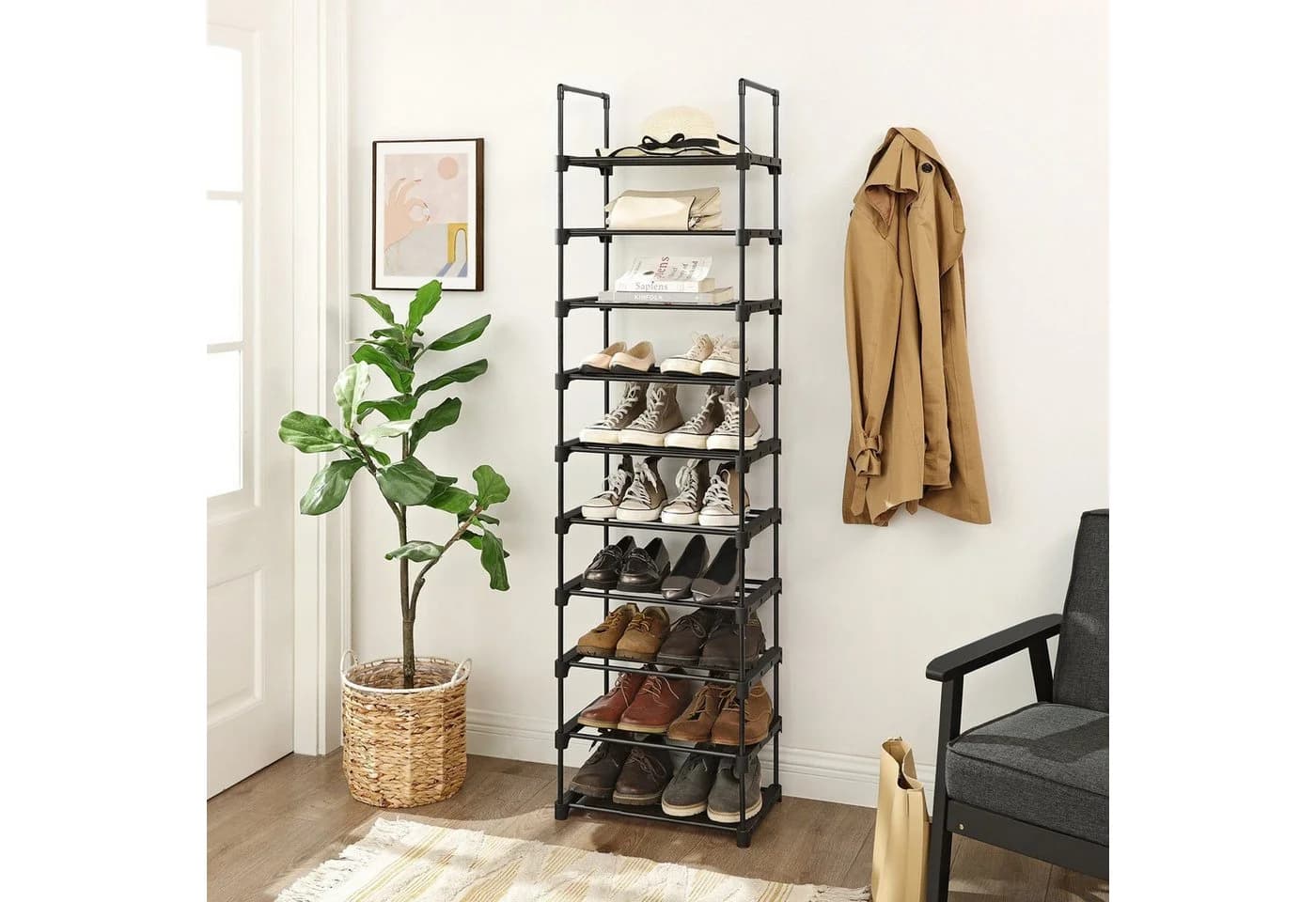 SONGMICS Schuhregal 6 Ebenen Schwarz Eisenrohre