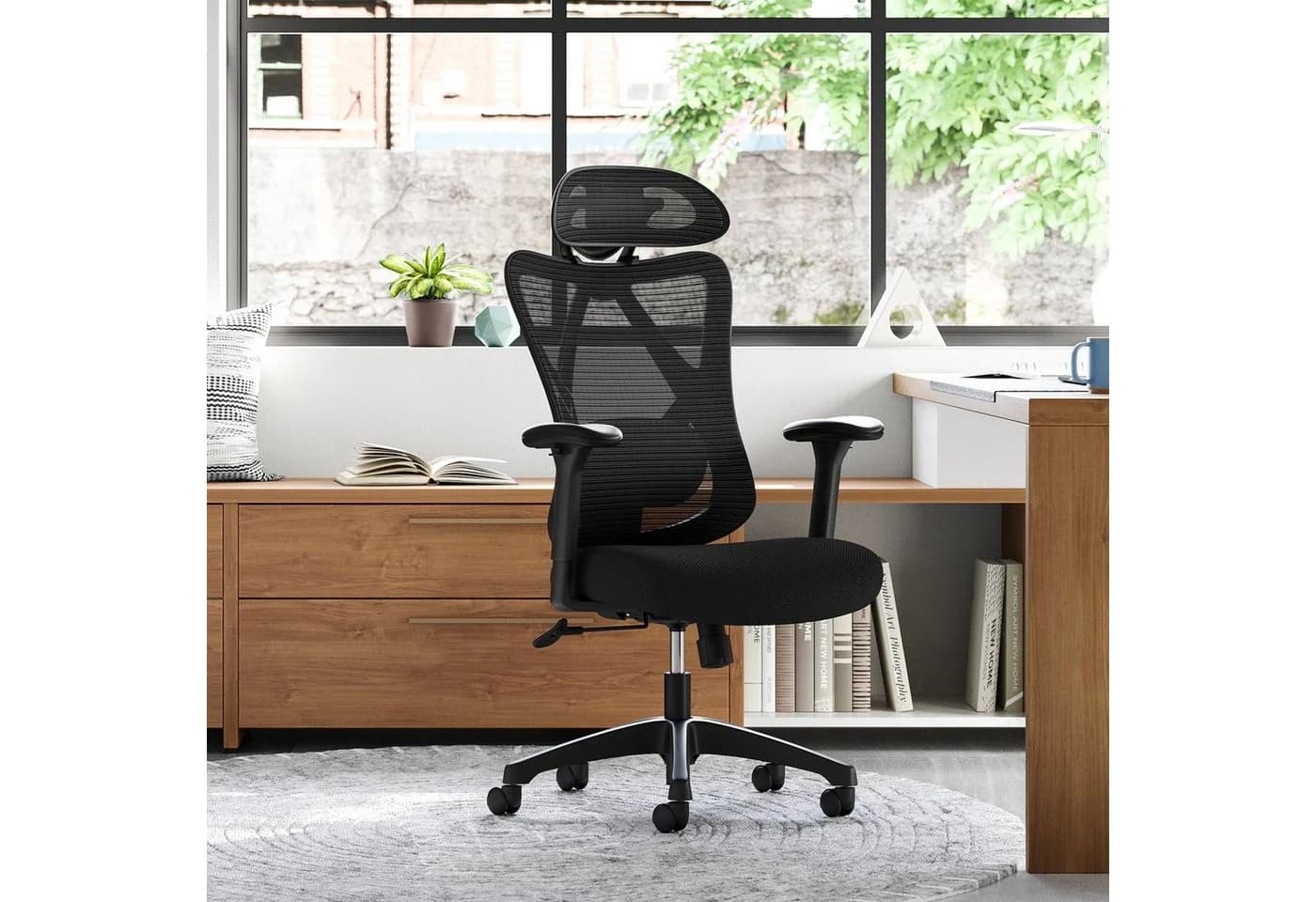SONGMICS Bürostuhl Ergonomisch Verstellbare Lendenstütze und Kopfstütze Schwarz