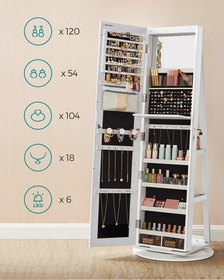 SONGMICS Schmuckschrank mit LED und Spiegel 360° drehbar weiß - Bild 5