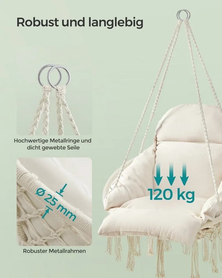 SONGMICS Hängesessel bis 120 kg belastbar, Hängeschaukel, Hängestuhl, skandinavisch - Bild 4
