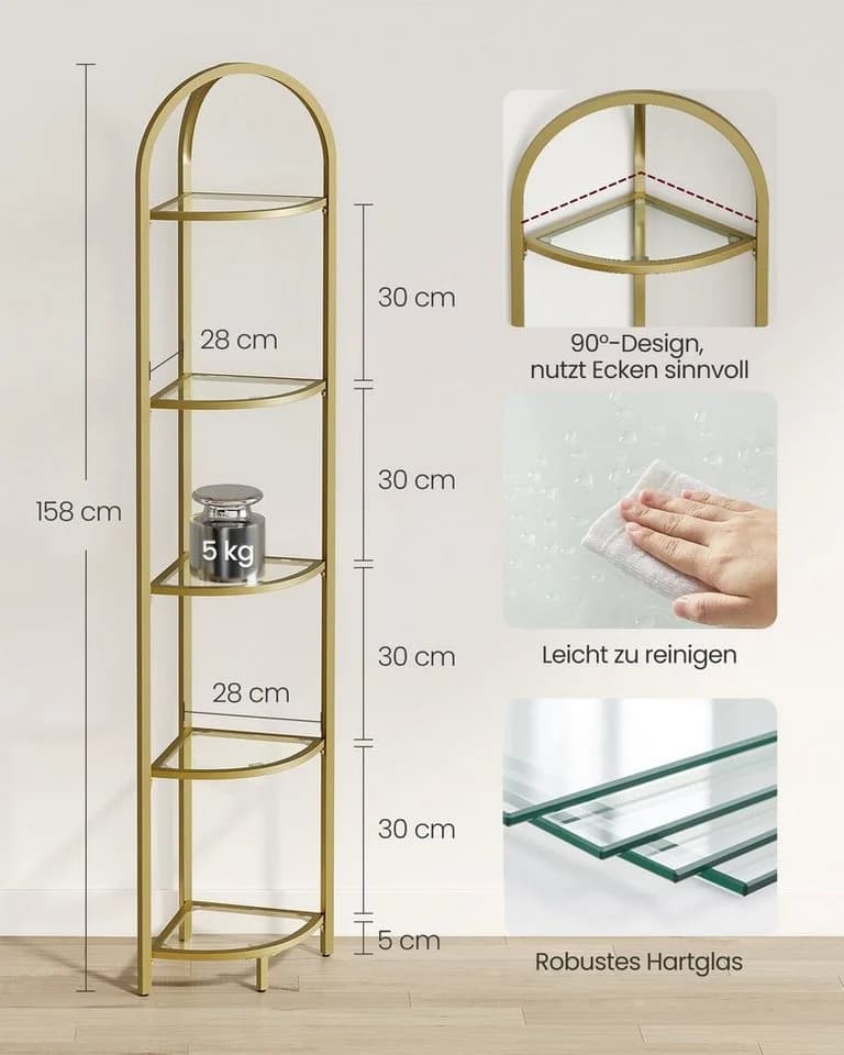 VASAGLE Eckregal 5 Ebenen Bücherregal Hartglas Goldfarben - Bild 4