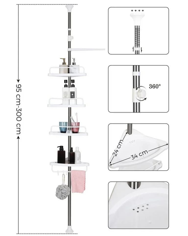 SONGMICS Duschablage Duschregal Höhenverstellbar 95-300 cm 4 Ablagen 3 Haken Eckregal - Bild 5
