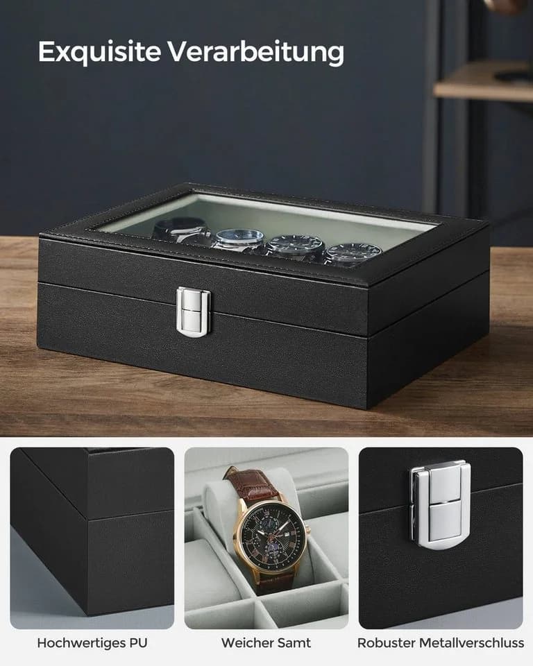 SONGMICS Uhrenbox Uhrenkasten 10 Fächer Glasdeckel Grau