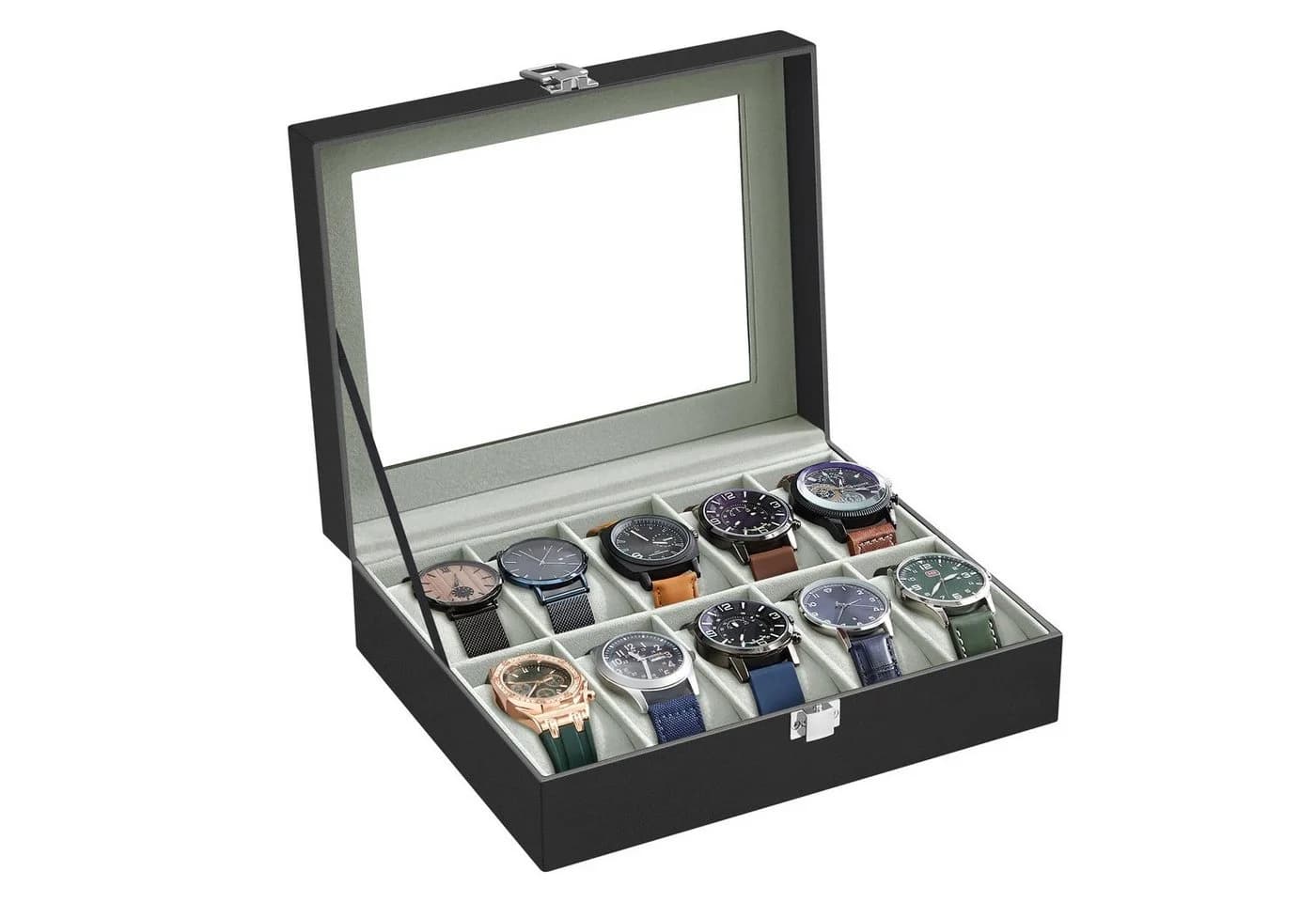 SONGMICS Uhrenbox Uhrenkasten 10 Fächer Glasdeckel Grau - Bild 2