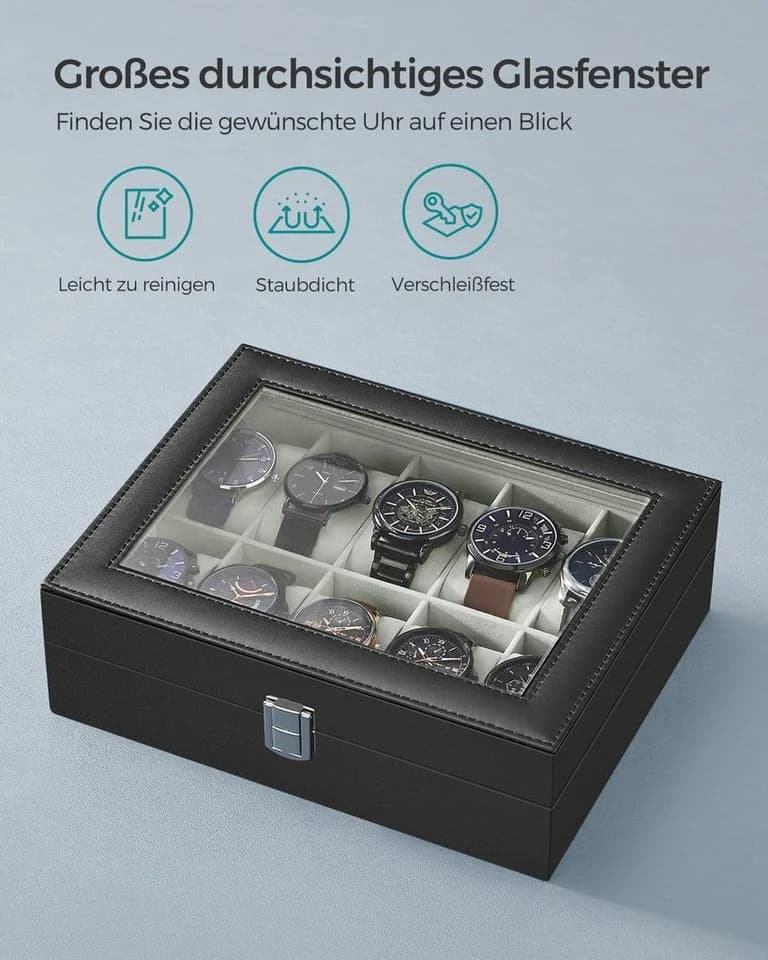 SONGMICS Uhrenbox Uhrenkasten 10 Fächer Glasdeckel Grau - Bild 3