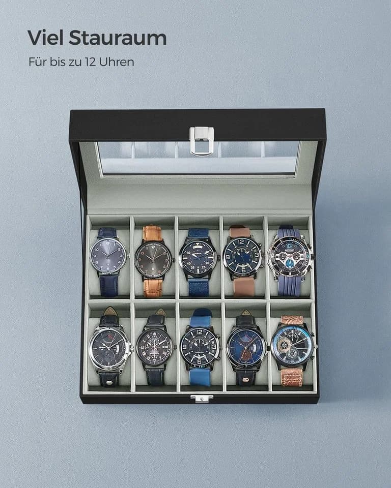 SONGMICS Uhrenbox Uhrenkasten 10 Fächer Glasdeckel Grau - Bild 4