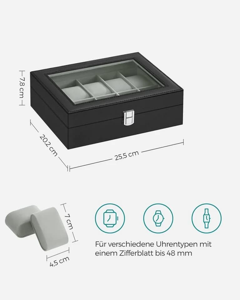 SONGMICS Uhrenbox Uhrenkasten 10 Fächer Glasdeckel Grau - Bild 5