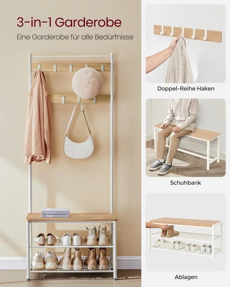 VASAGLE Garderobenständer 3-in-1 Design Beige Stahl 32 x 70 x 175 cm - Bild 3
