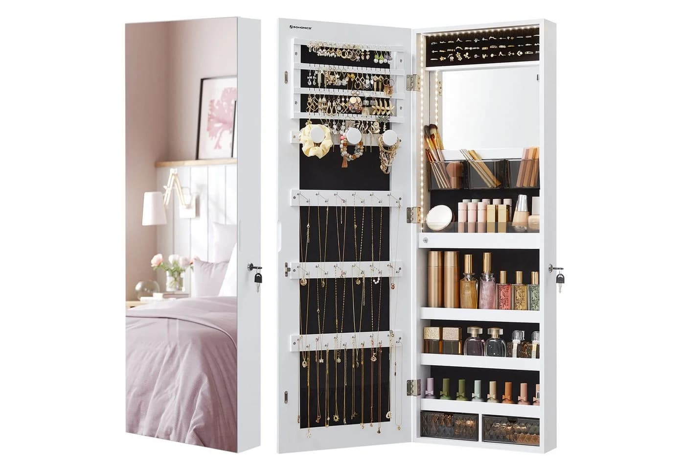 SONGMICS Schmuckschrank Spiegelschrank LED-Beleuchtung Make-up-Spiegel Weiß - Bild 2