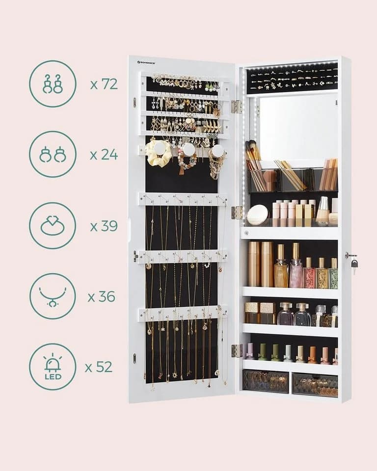 SONGMICS Schmuckschrank Spiegelschrank LED-Beleuchtung Make-up-Spiegel Weiß - Bild 3