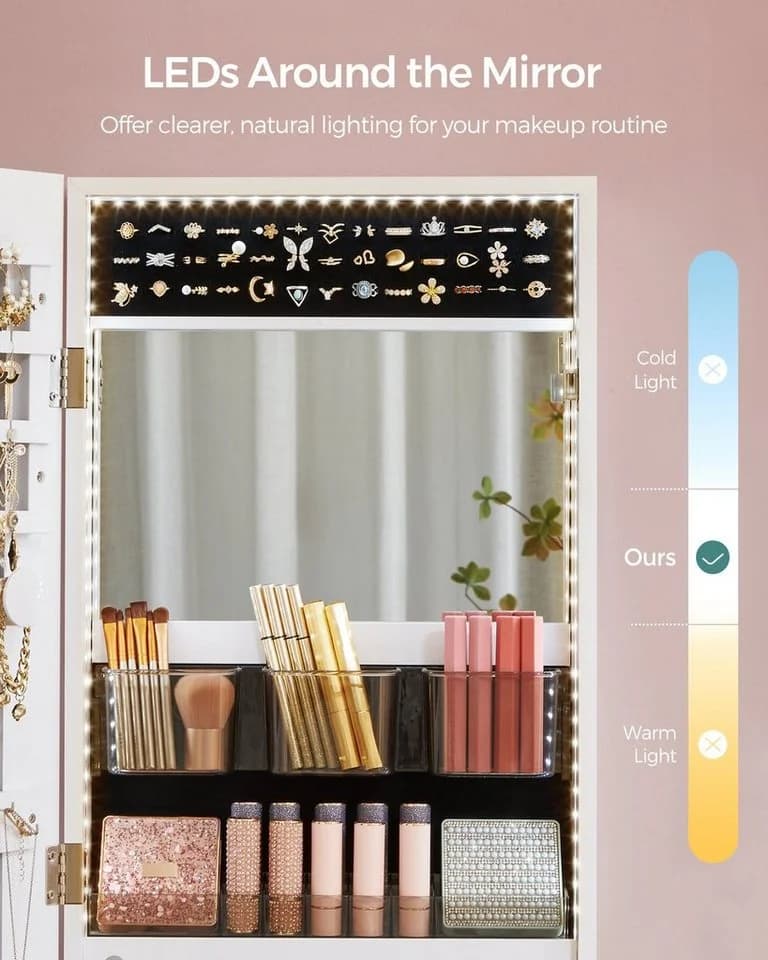 SONGMICS Schmuckschrank Spiegelschrank LED-Beleuchtung Make-up-Spiegel Weiß - Bild 4