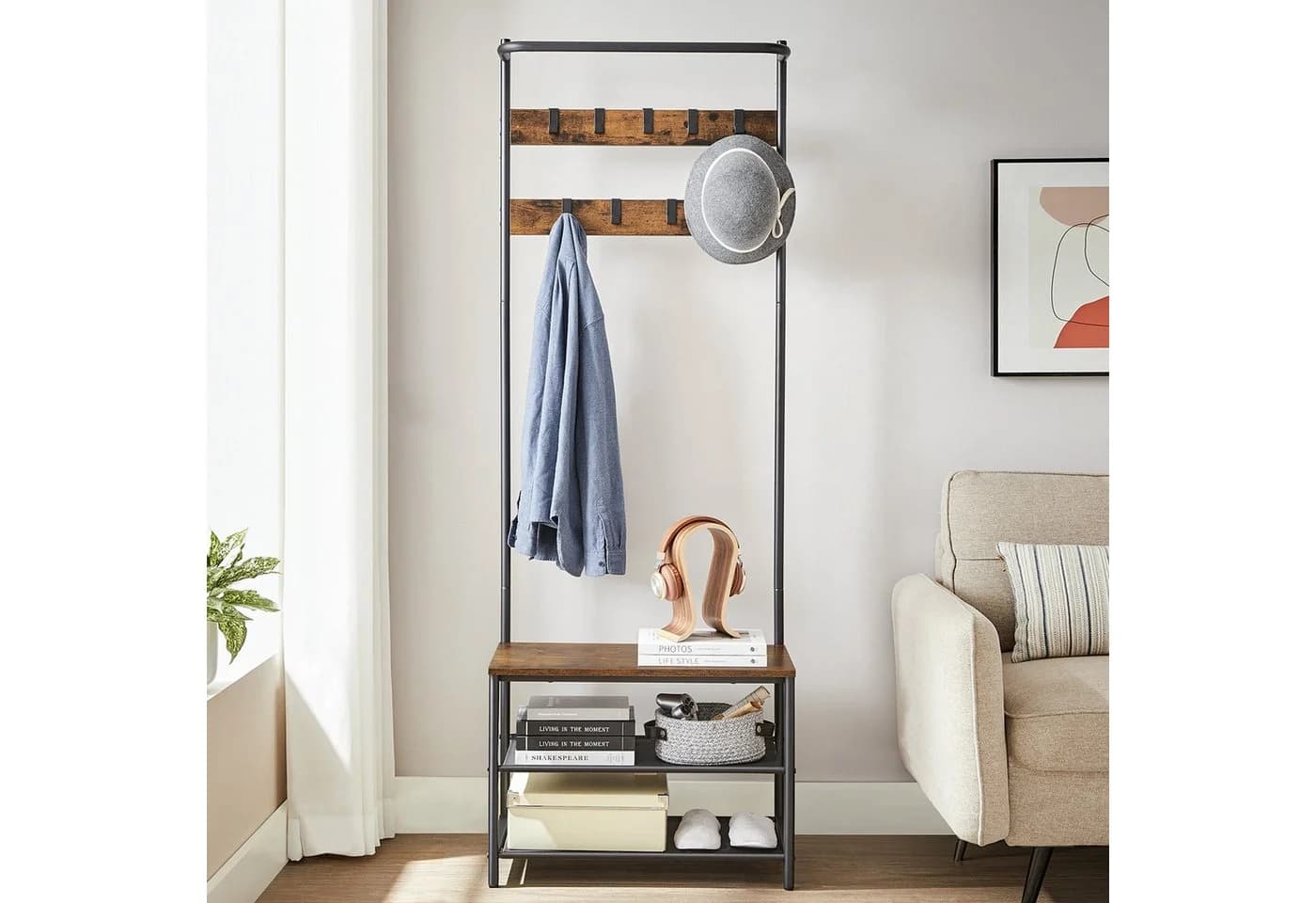 VASAGLE Garderobenständer Garderobe Kleiderstange Sitzbank Vintagebraun-Schwarz