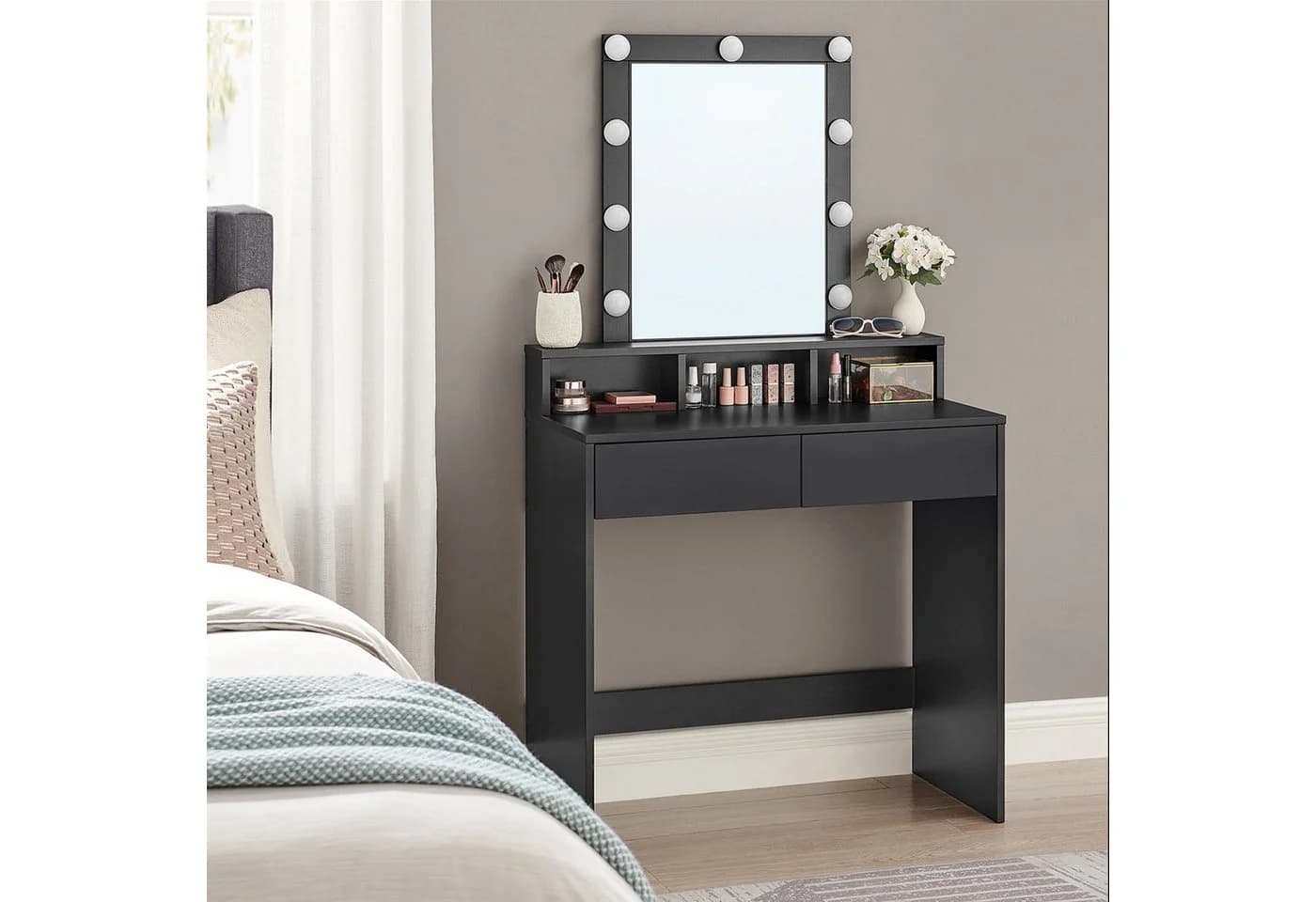 VASAGLE Schminktisch mit LED-Beleuchtung, einstellbare Helligkeit, modern, 2 Schubladen, 3 Fächer
