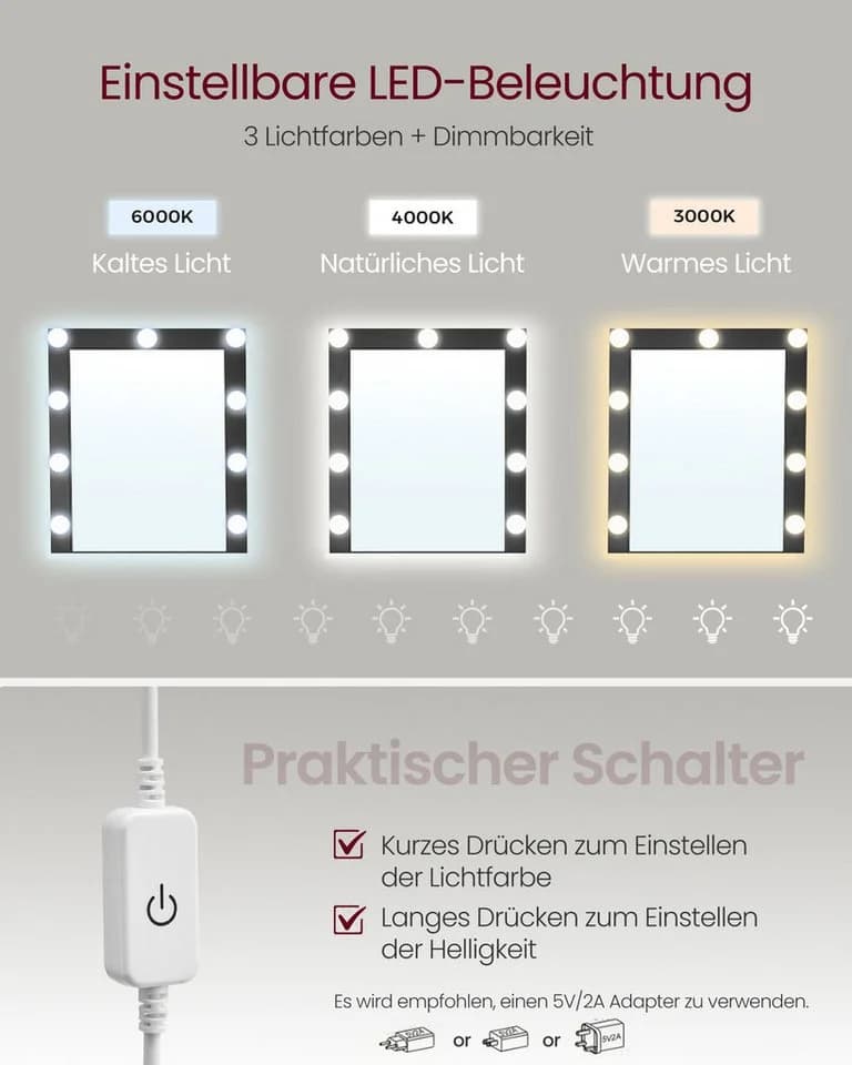 VASAGLE Schminktisch mit LED-Beleuchtung, einstellbare Helligkeit, modern, 2 Schubladen, 3 Fächer - Bild 3
