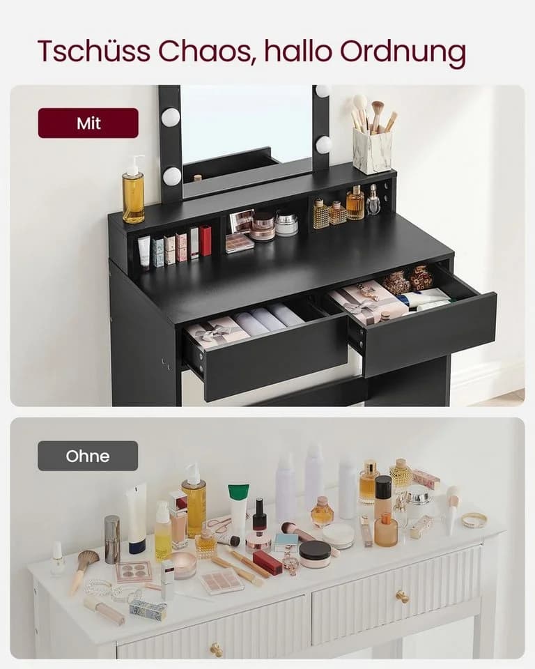 VASAGLE Schminktisch mit LED-Beleuchtung, einstellbare Helligkeit, modern, 2 Schubladen, 3 Fächer - Bild 5