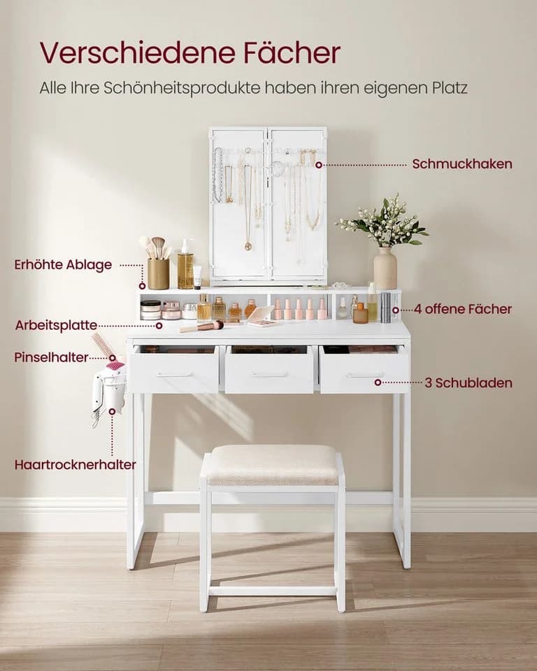 VASAGLE Schminktisch Frisiertisch mit Dreispiegel, 3 Schubladen, Haartrockner, Hocker, Industrieller Stil - Bild 4