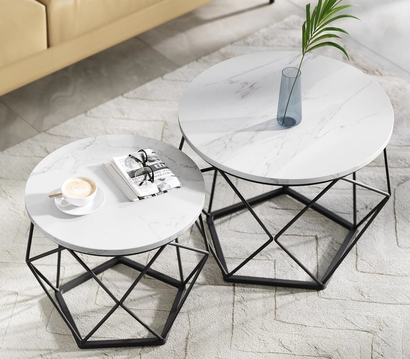 VASAGLE Couchtisch-Set 2er Beistelltisch Weiß-Schwarz Holzspanplatte - Bild 2
