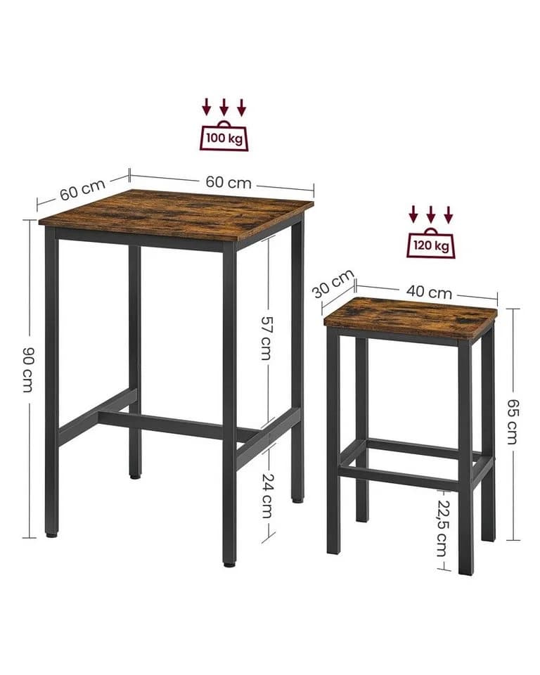 VASAGLE Bartisch-Set 60x60x90 cm mit 2 Barhockern