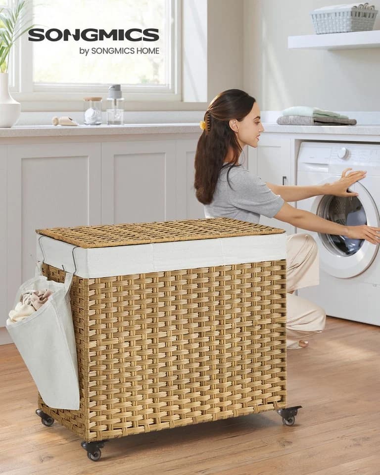 SONGMICS Wäschekorb 160 L mit Deckel 3 Fächer Beige/Grau