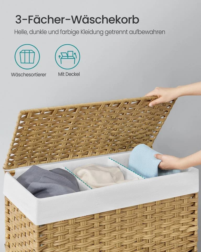 SONGMICS Wäschekorb 160 L mit Deckel 3 Fächer Beige/Grau - Bild 3