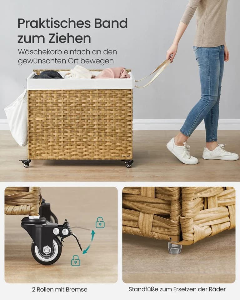 SONGMICS Wäschekorb 160 L mit Deckel 3 Fächer Beige/Grau - Bild 4