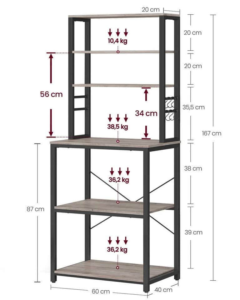 VASAGLE Küchenregal mit 6 Haken 40 x 60 x 167 cm - Bild 3