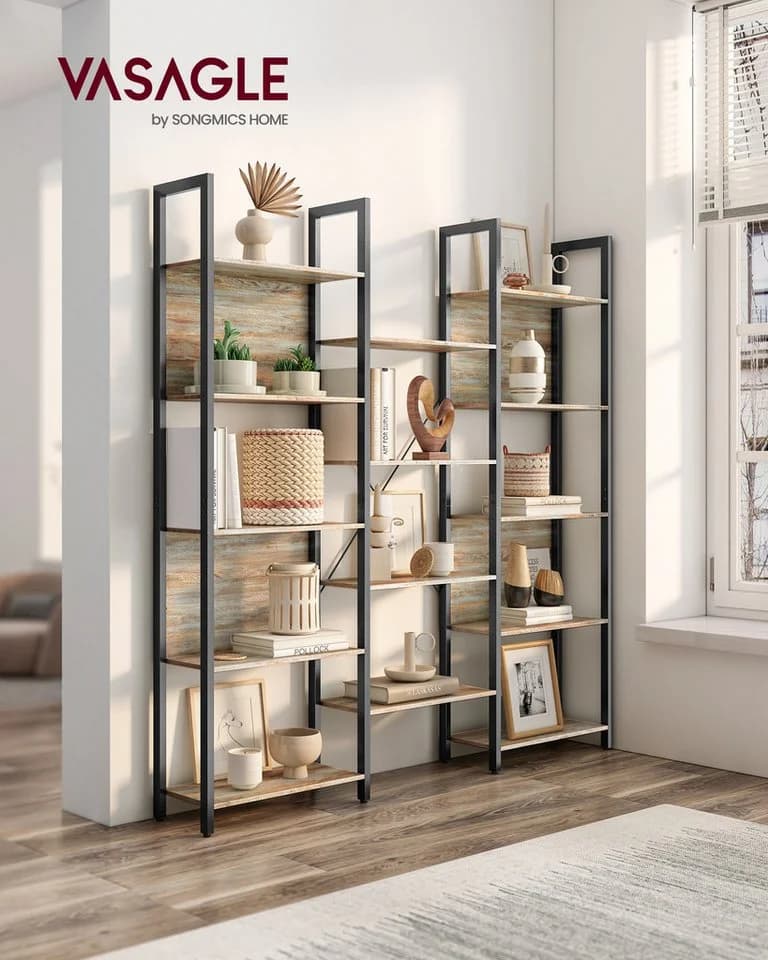 VASAGLE Bücherregal 14 Ablagen Metallrahmen Eichenfarben-Schwarz Wohnzimmer