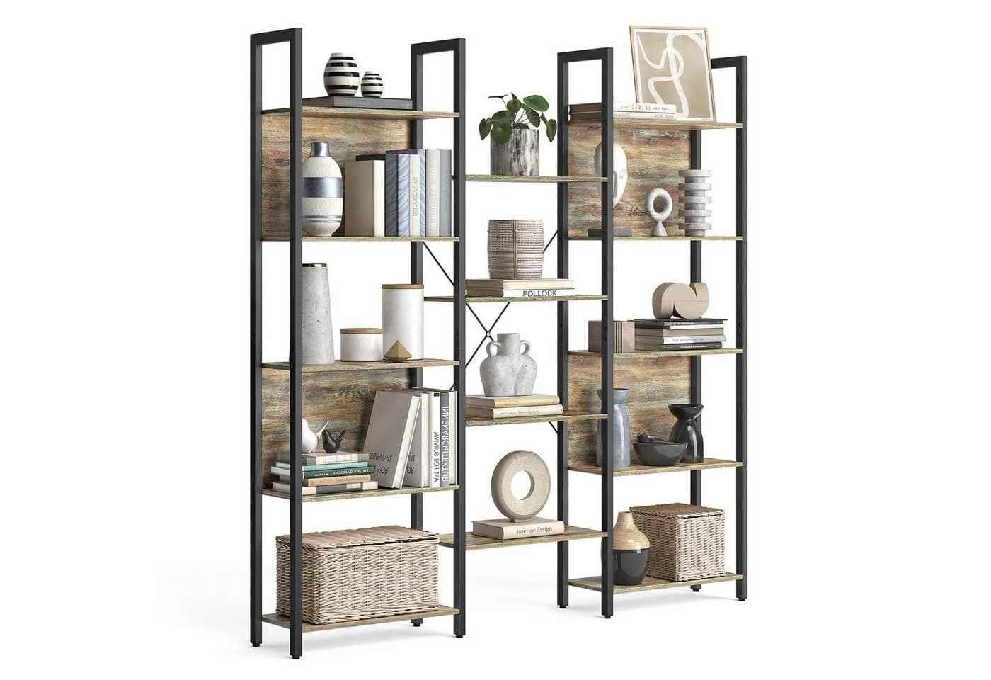 VASAGLE Bücherregal 14 Ablagen Metallrahmen Eichenfarben-Schwarz Wohnzimmer - Bild 2