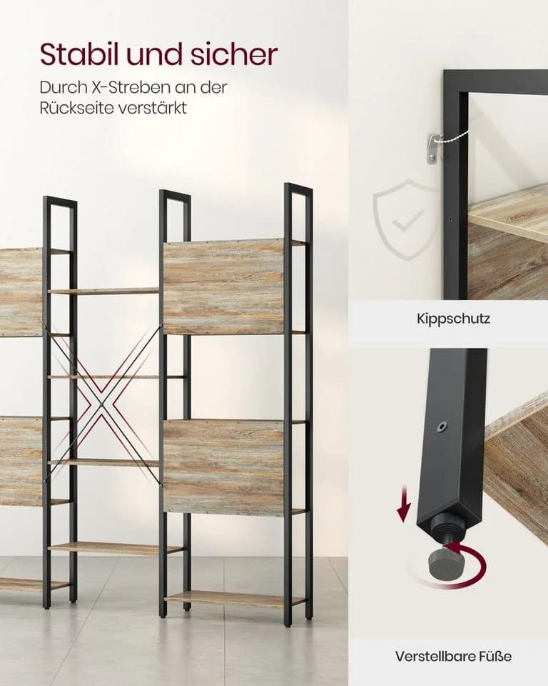 VASAGLE Bücherregal 14 Ablagen Metallrahmen Eichenfarben-Schwarz Wohnzimmer - Bild 4
