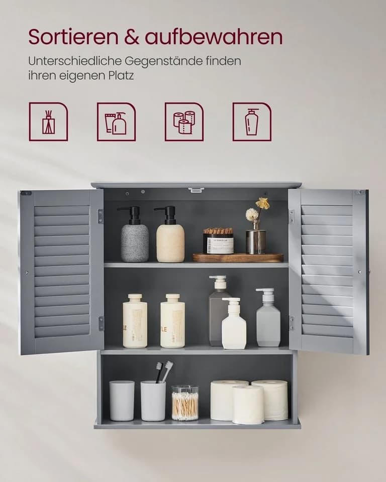 VASAGLE Badezimmerschrank Wandschrank Lamellentüren Grau - Bild 5