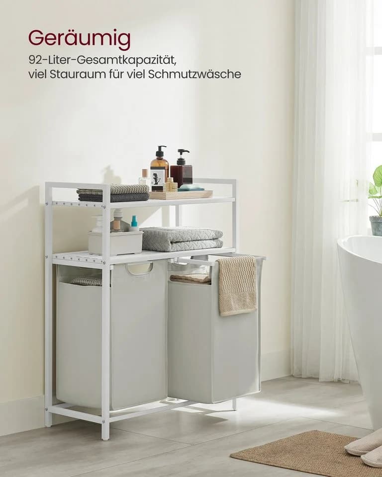 VASAGLE Wäschekorb 2 Fächer 2 Ablagen Weiß - Bild 3