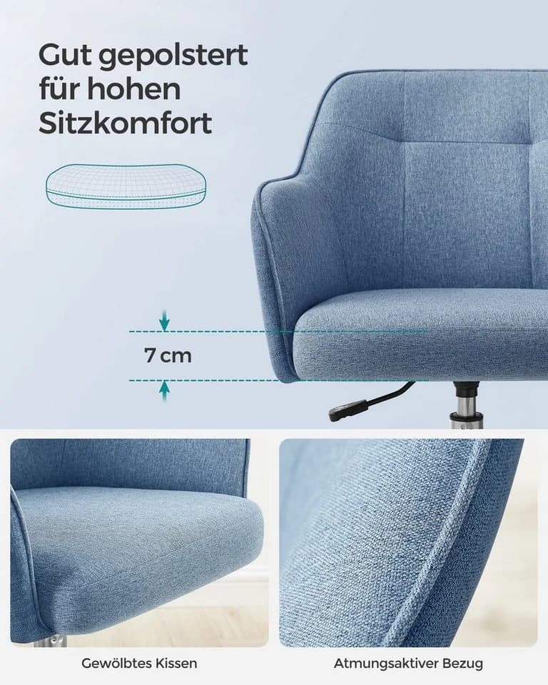 SONGMICS Bürostuhl Höhenverstellbar Blau Baumwoll-Leinen-Mischgewebe - Bild 5