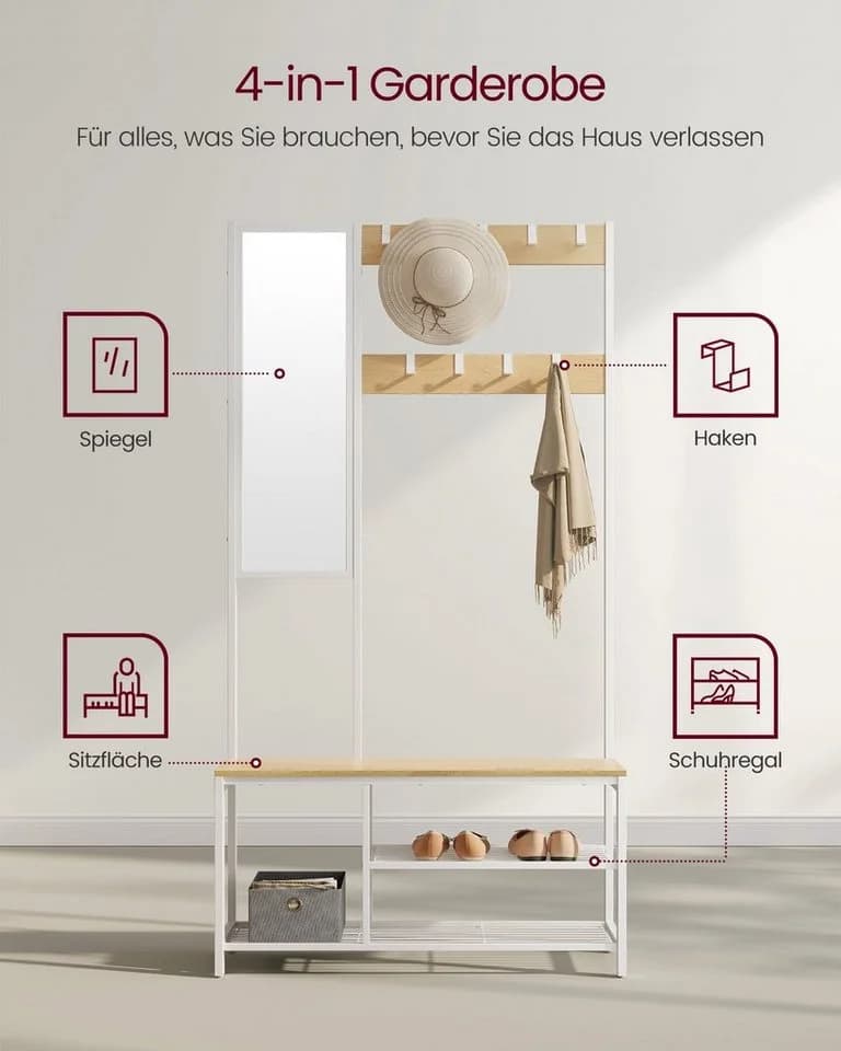VASAGLE Garderobenständer Spiegel Schuhregal Sitzfläche Eichenfarben-Weiß - Bild 3
