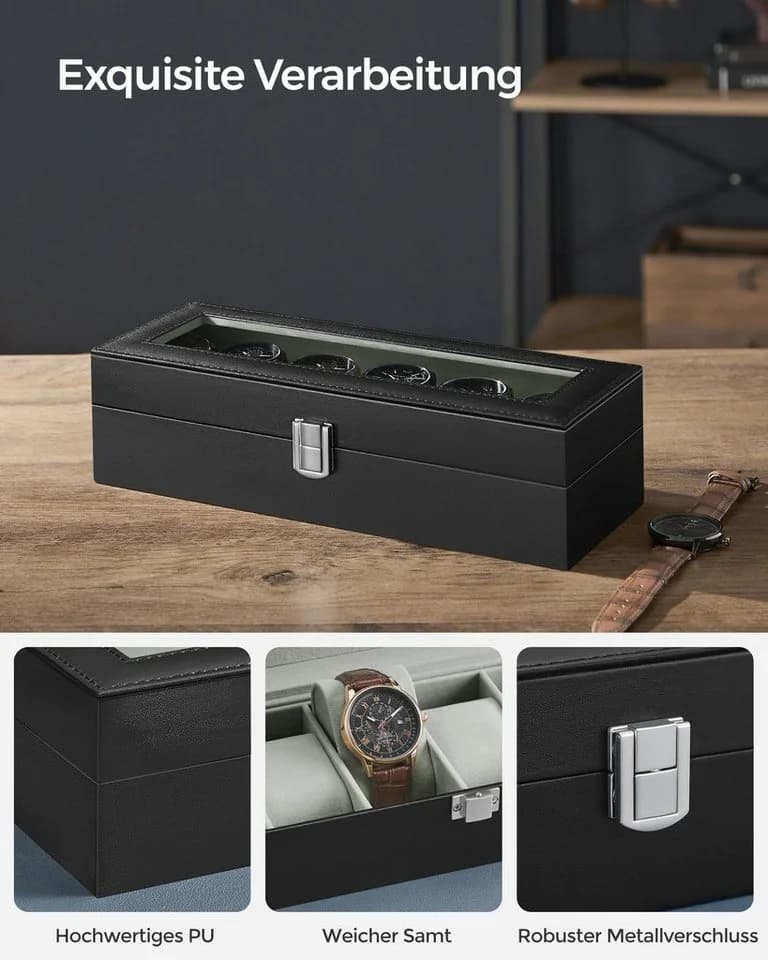 SONGMICS Uhrenbox Uhrenkasten für 6 Uhren mit Glasdeckel und Samt - Bild 3
