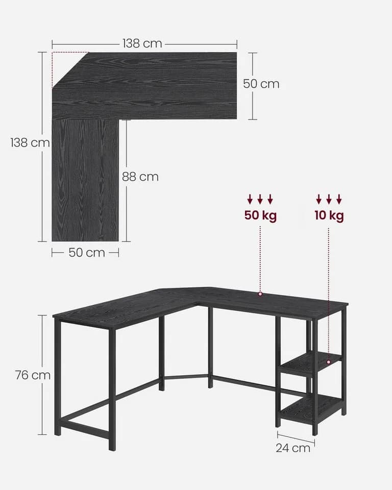 VASAGLE L-förmiger Eckschreibtisch 130/138 cm mit 2 verstellbaren Ablagen - Bild 4
