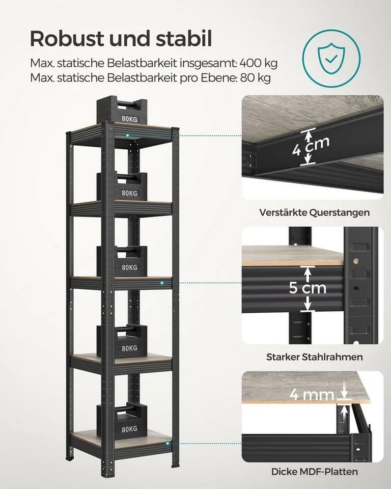 SONGMICS Standregal Küchenregal 5 Ablagen verstellbar 37x37x150 cm - Bild 5