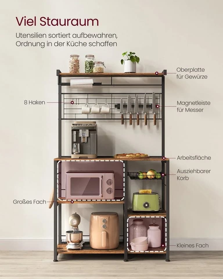 VASAGLE Küchenregal mit Magnetleiste für Messer, Drahtkorb, Rollenhalter - Bild 4