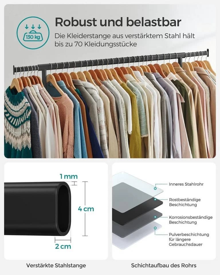SONGMICS Kleiderständer Garderobenständer auf Rollen aus Metall bis 130 kg belastbar - Bild 3