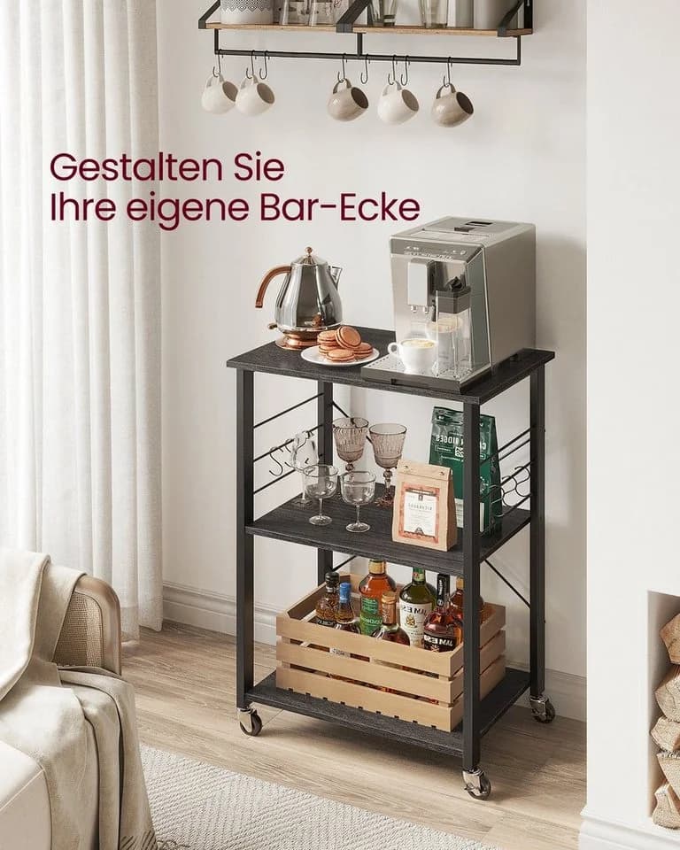 VASAGLE Servierwagen Küchenwagen 3 Ebenen 6 Haken Ebenholzfarben-Schwarz - Bild 5