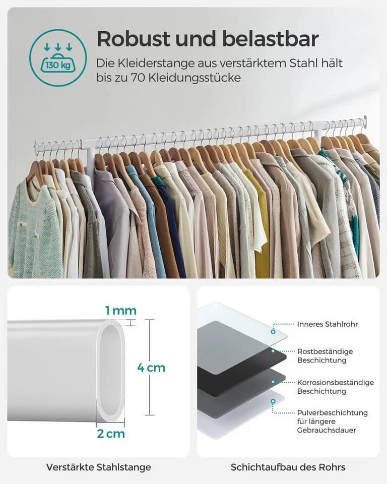 SONGMICS Kleiderständer Garderobenständer auf Rollen aus Metall bis 130 kg belastbar Mattweiß - Bild 3