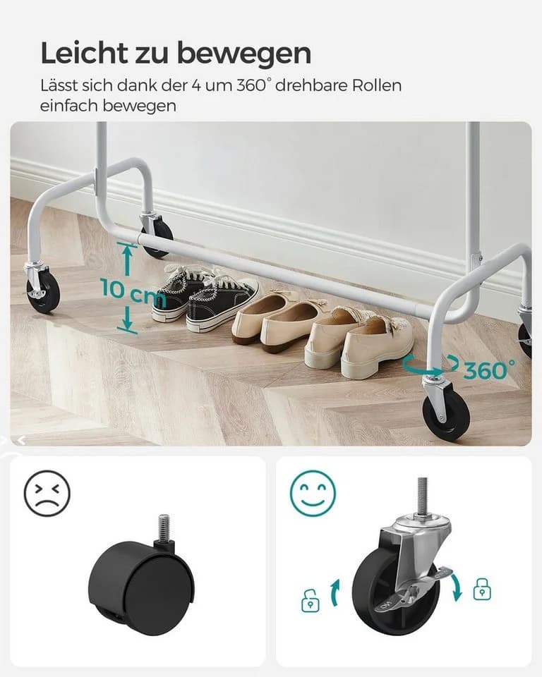 SONGMICS Kleiderständer Garderobenständer auf Rollen aus Metall bis 130 kg belastbar Mattweiß - Bild 4