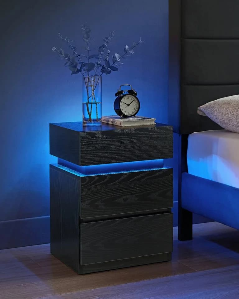 VASAGLE Nachttisch mit LED-Beleuchtung Schwarz Holzspanplatte