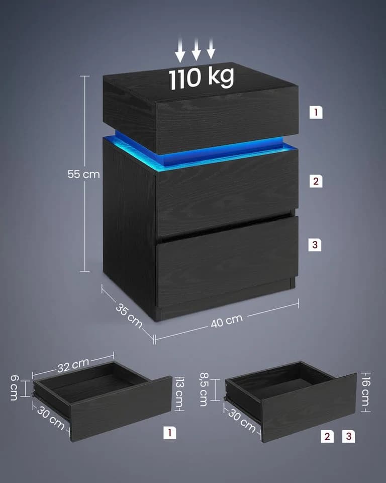 VASAGLE Nachttisch mit LED-Beleuchtung Schwarz Holzspanplatte - Bild 5